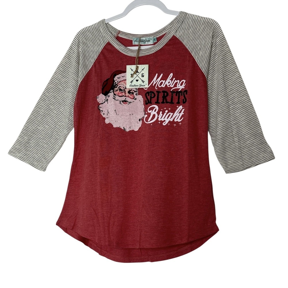 Southern Grace Christmas Top Women's Small Holiday Santa Bright Stretch New‎